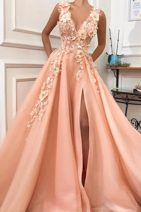 Wholesale A-Line Tulle Long Prom Dress Blush V-Neck Lace Evening Formal Dress