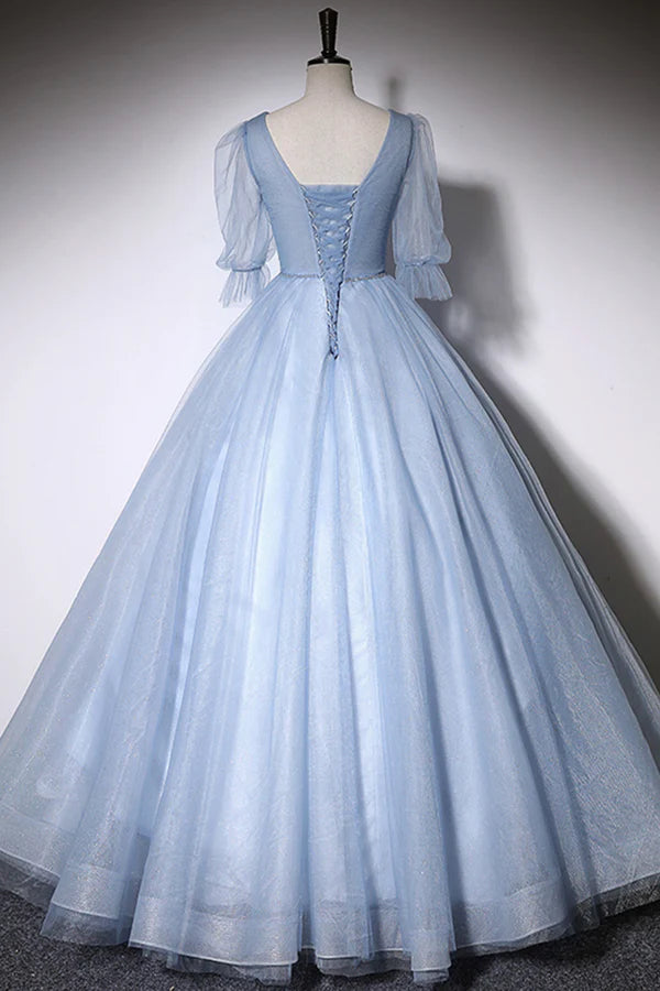 Wholesale Blue V-Neck Tulle Long Prom Dress A-Line Formal Evening Dress