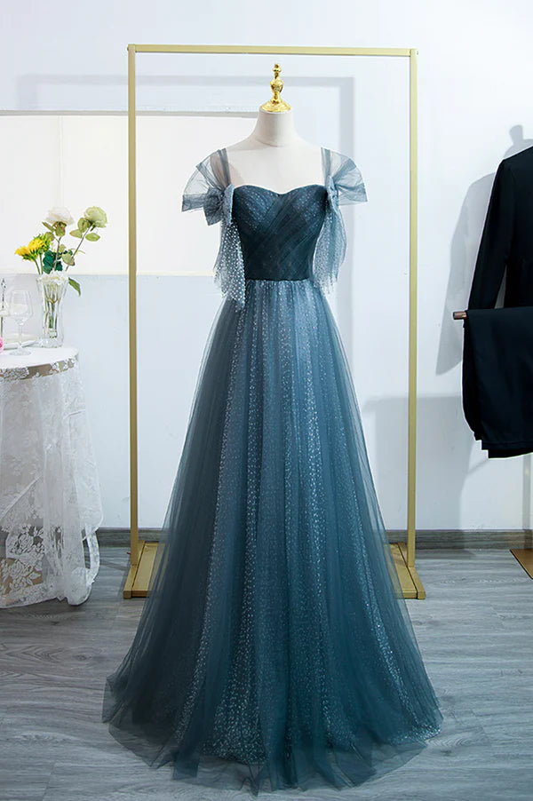 Wholesale Blue Tulle Long A-Line Prom Dress Simple Sweetheart Neckline Evening Party Dress
