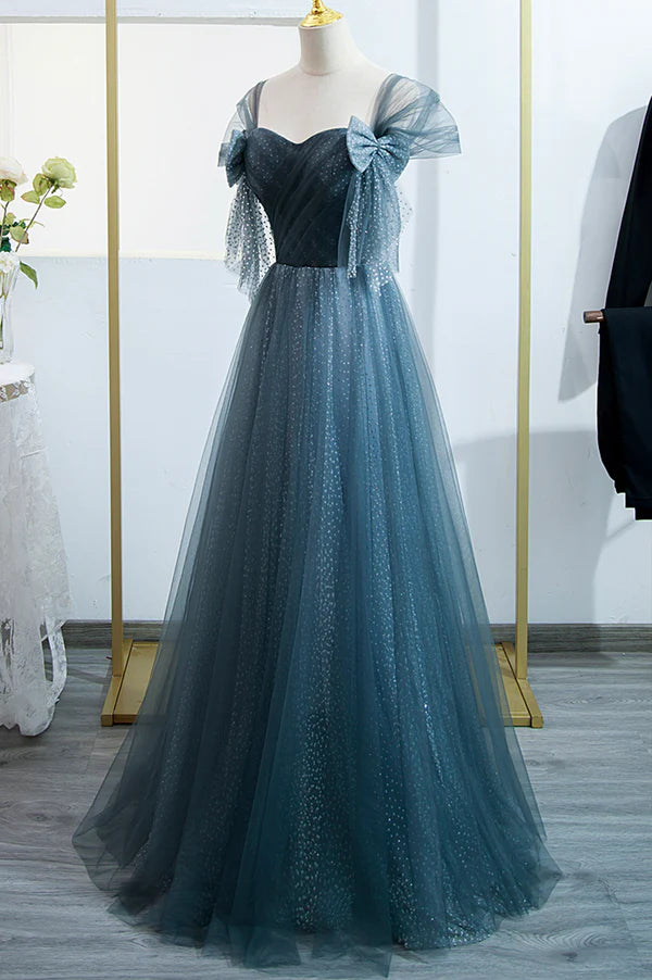 Wholesale Blue Tulle Long A-Line Prom Dress Simple Sweetheart Neckline Evening Party Dress