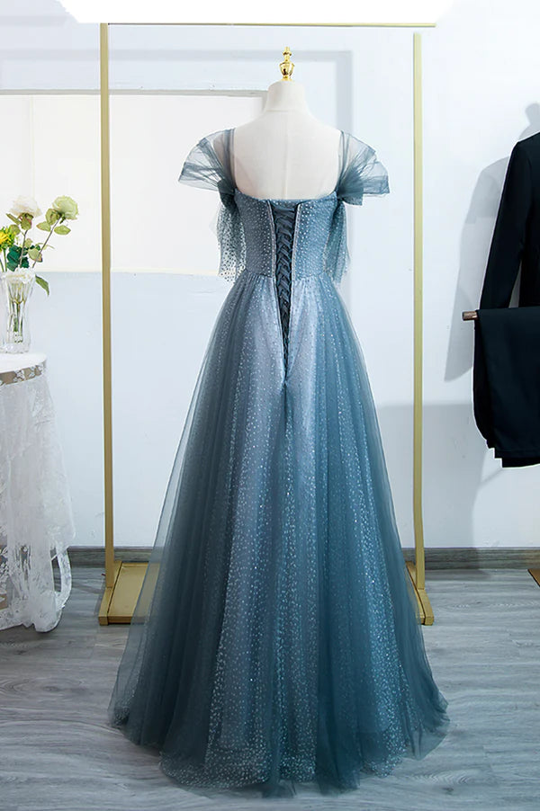 Wholesale Blue Tulle Long A-Line Prom Dress Simple Sweetheart Neckline Evening Party Dress