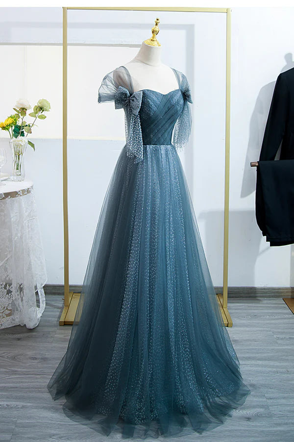 Wholesale Blue Tulle Long A-Line Prom Dress Simple Sweetheart Neckline Evening Party Dress
