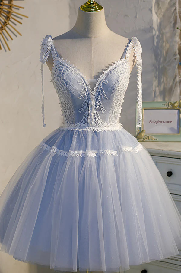 Wholesale Blue Lace Short A-Line Prom Dress Cute V-Neck Homecoming Party Dress