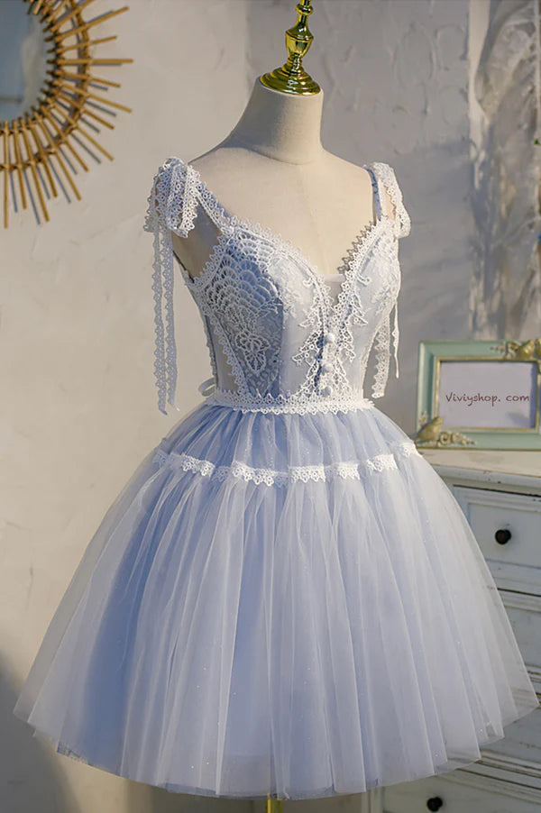 Wholesale Blue Lace Short A-Line Prom Dress Cute V-Neck Homecoming Party Dress