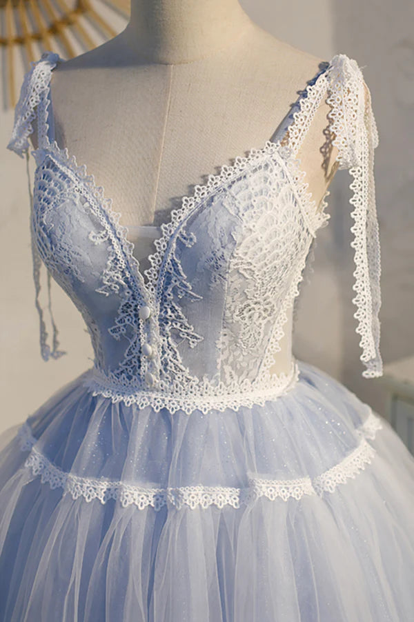 Wholesale Blue Lace Short A-Line Prom Dress Cute V-Neck Homecoming Party Dress