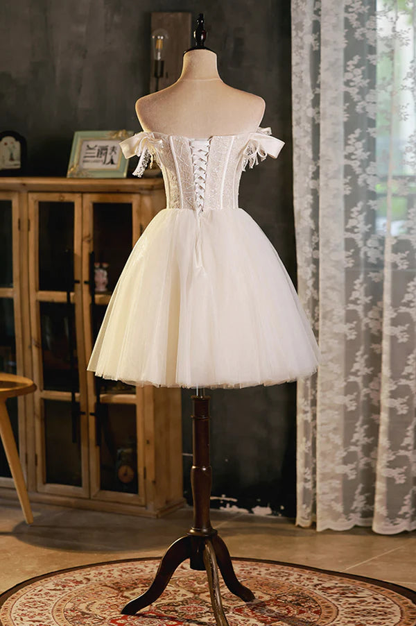 Wholesale Champagne Tulle Short A-Line Prom Dress Off the Shoulder Evening Party Dress