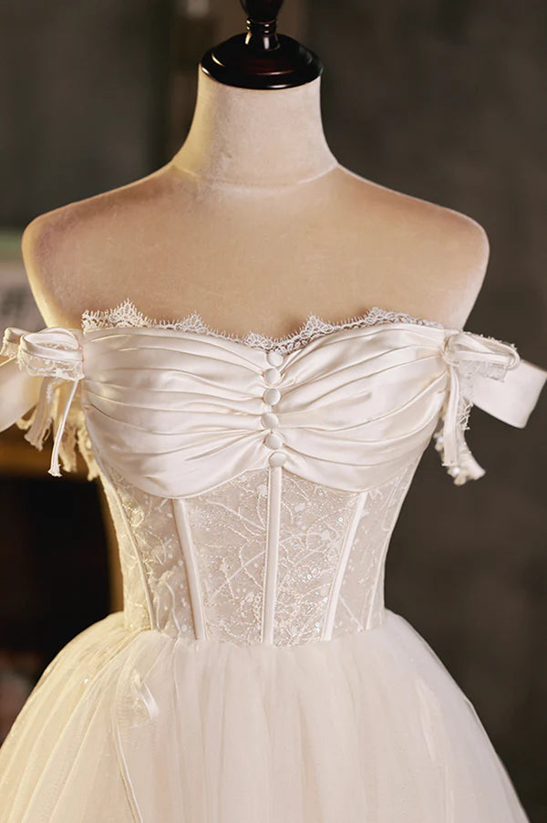 Wholesale Champagne Tulle Short A-Line Prom Dress Off the Shoulder Evening Party Dress