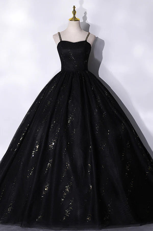 Wholesale Black Tulle Sequins Long Prom Dress Black Spaghetti Straps Evening Dress