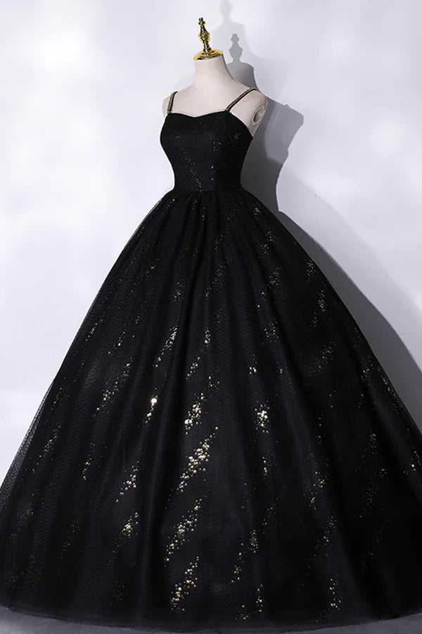 Wholesale Black Tulle Sequins Long Prom Dress Black Spaghetti Straps Evening Dress