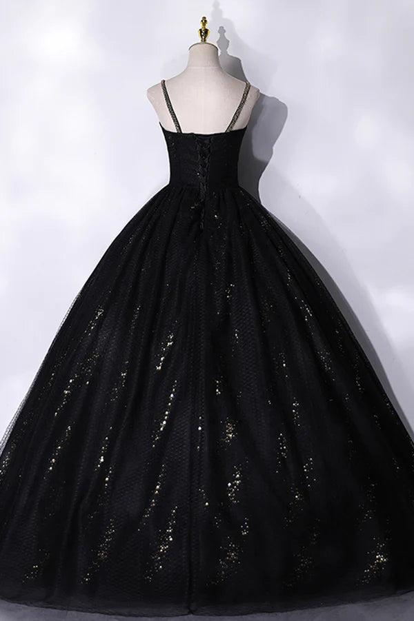 Wholesale Black Tulle Sequins Long Prom Dress Black Spaghetti Straps Evening Dress