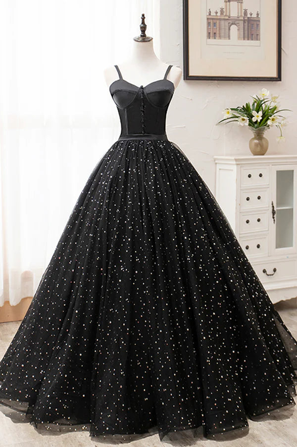 Wholesale Black Tulle Long Prom Dress Black Spaghetti Straps Formal Evening Gown