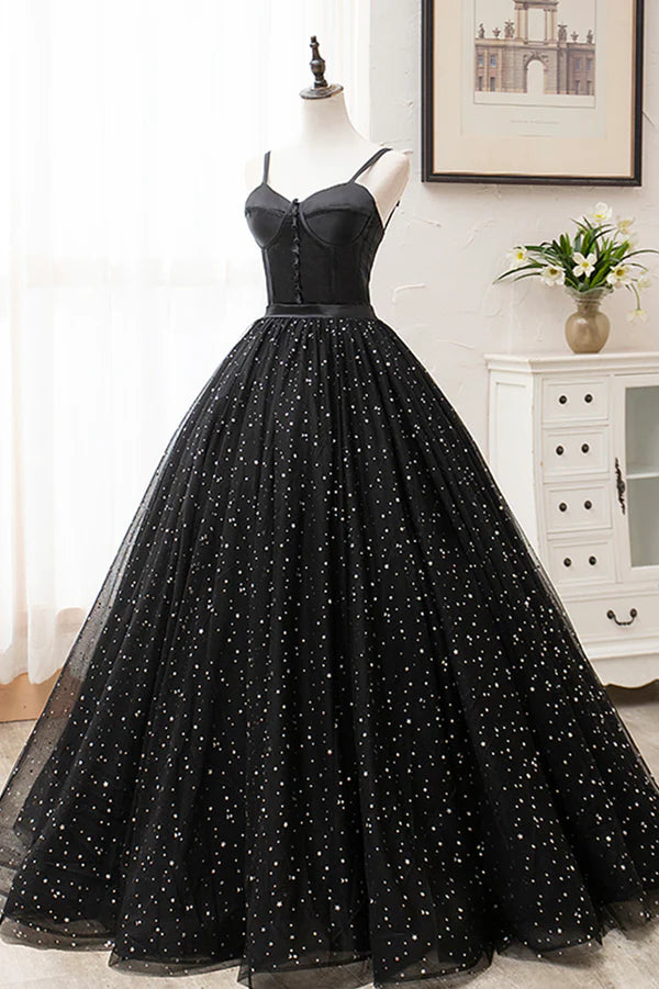 Wholesale Black Tulle Long Prom Dress Black Spaghetti Straps Formal Evening Gown