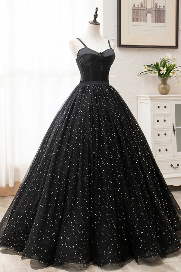 Wholesale Black Tulle Long Prom Dress Black Spaghetti Straps Formal Evening Gown