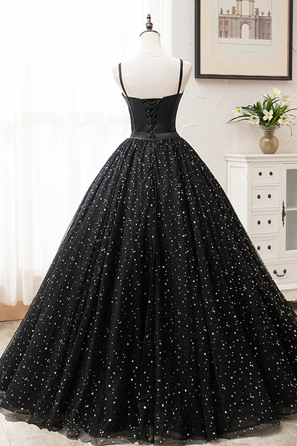 Wholesale Black Tulle Long Prom Dress Black Spaghetti Straps Formal Evening Gown