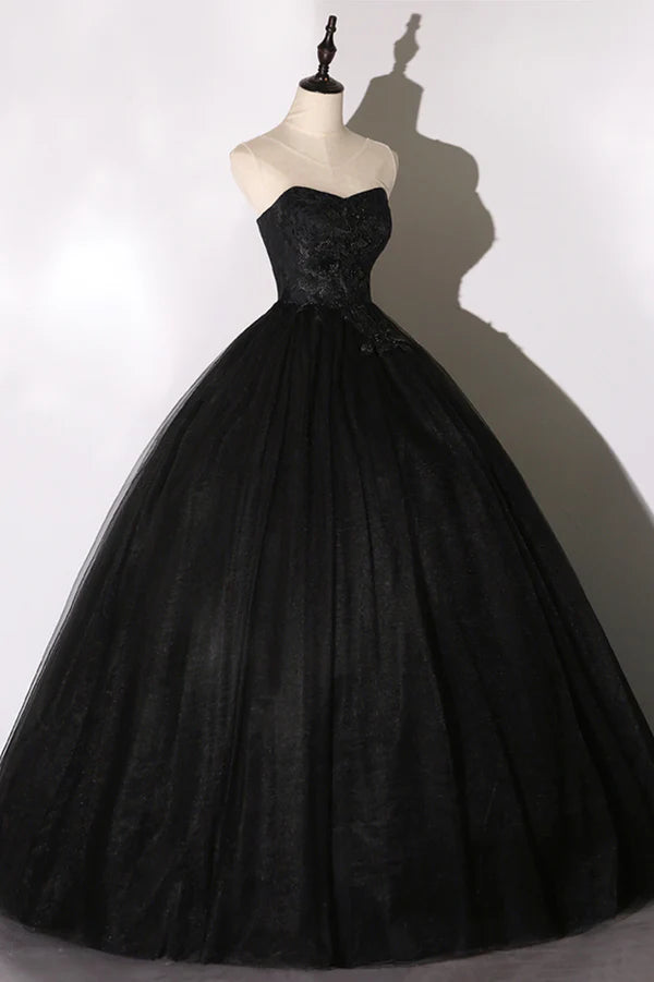 Wholesale Black Tulle Lace Long Prom Dress Black Scoop Neckline Evening Party Dress