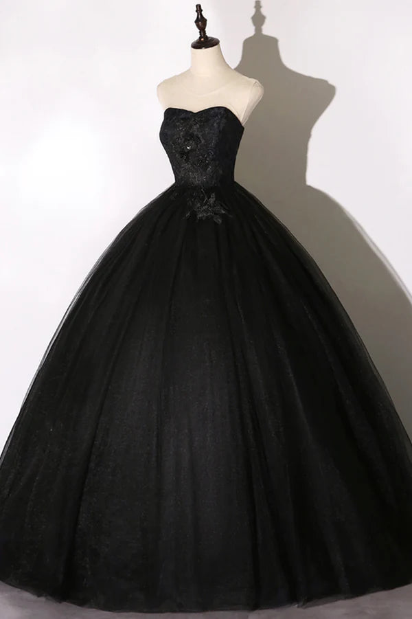 Wholesale Black Tulle Lace Long Prom Dress Black Scoop Neckline Evening Party Dress