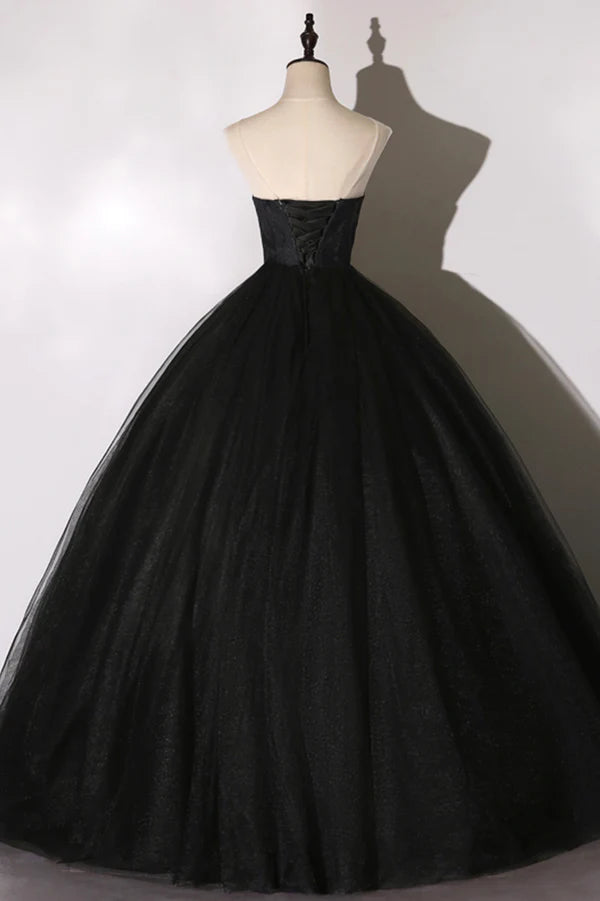 Wholesale Black Tulle Lace Long Prom Dress Black Scoop Neckline Evening Party Dress