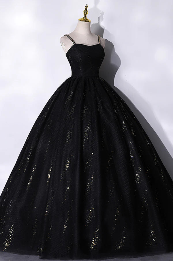 Wholesale Black Tulle Sequins Long Prom Dress Black Spaghetti Straps Evening Dress