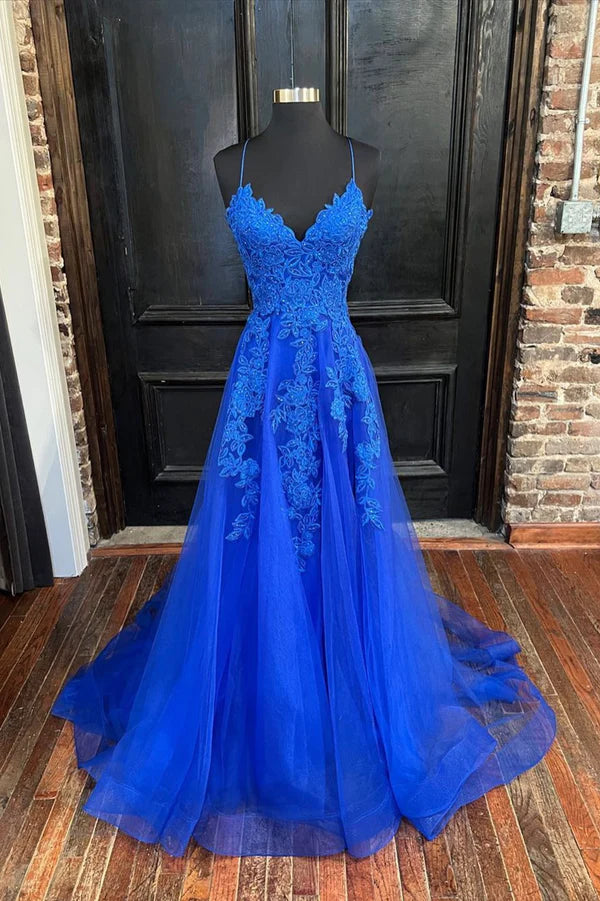 Wholesale Blue Lace Long A-Line Prom Dress Elegant V-Neck Formal Evening Dress