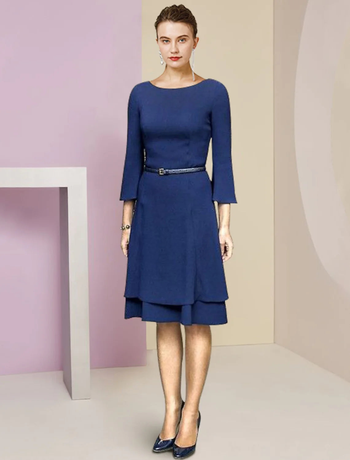 Wholesale A-Line Mother of the Bride Dress Wedding Guest Party Elegant Scoop Neck Knee Length Stretch Fabric 3/4 Length Sleeve with Cascading Ruffles