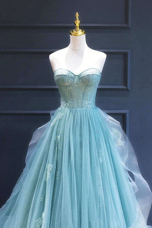 Wholesale Green Lace Tulle A-Line Long Formal Dress Green Strapless Evening Dress
