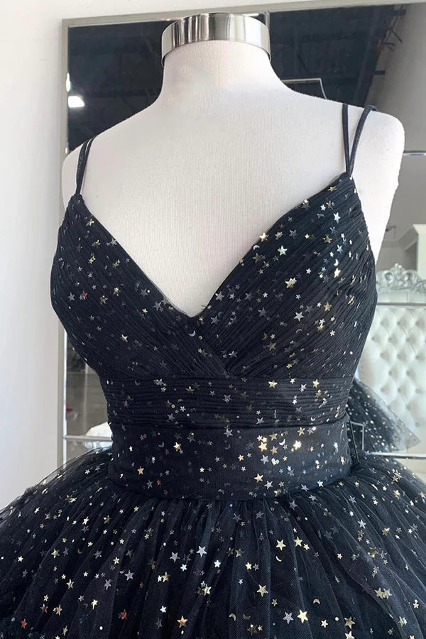 Wholesale Black A-Line Tulle High Low Prom Dress V-Neck Evening Party Dress