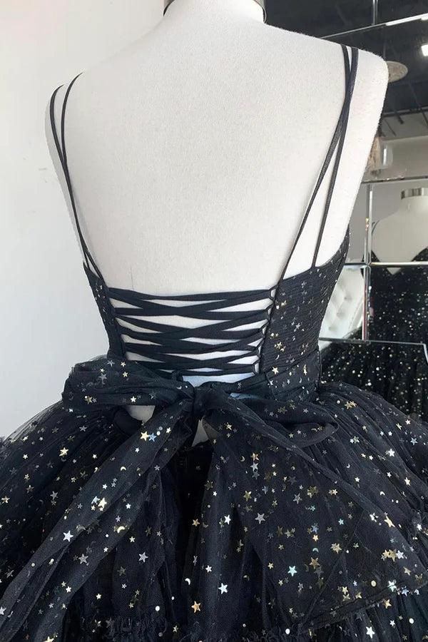 Wholesale Black A-Line Tulle High Low Prom Dress V-Neck Evening Party Dress