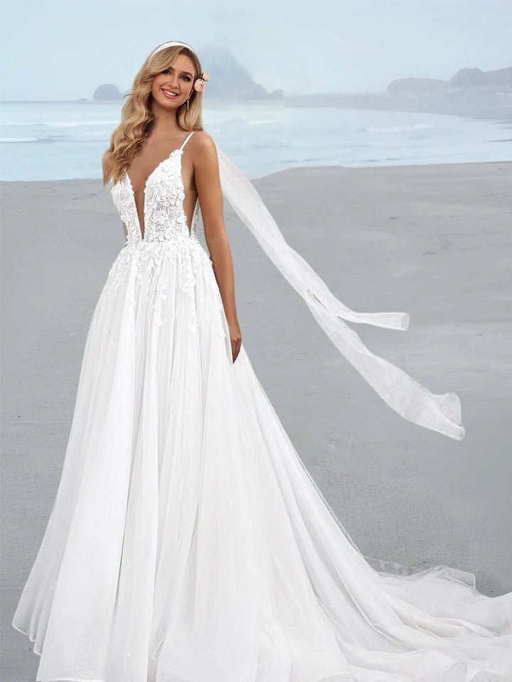 Wholesale A-Line/Princess Spaghetti Straps Floor-Length Wedding Dress