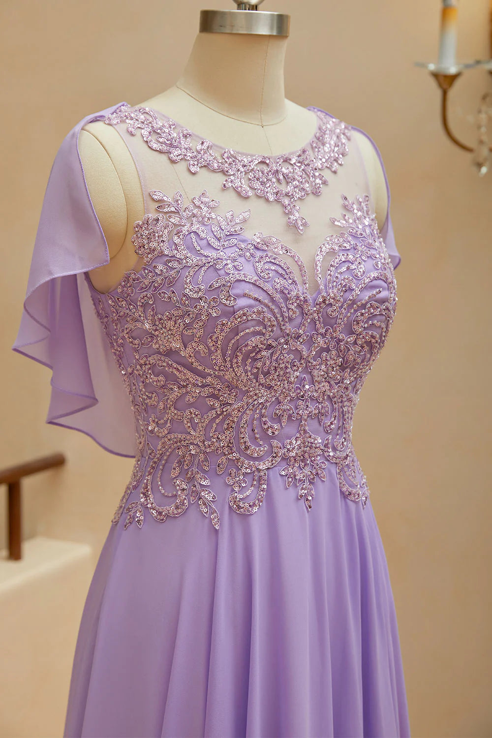 Wholesale A-Line Scoop Neck Chiffon Cap Sleeves Prom Dresses With Sequin