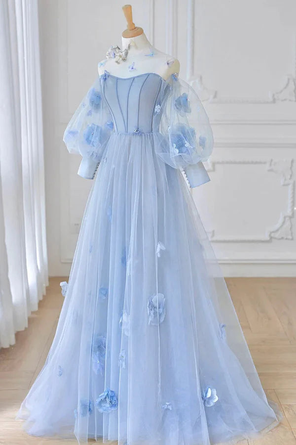 Wholesale Blue Tulle Flowers Long Prom Dress Lovely A-Line Puff Sleeve Evening Dress