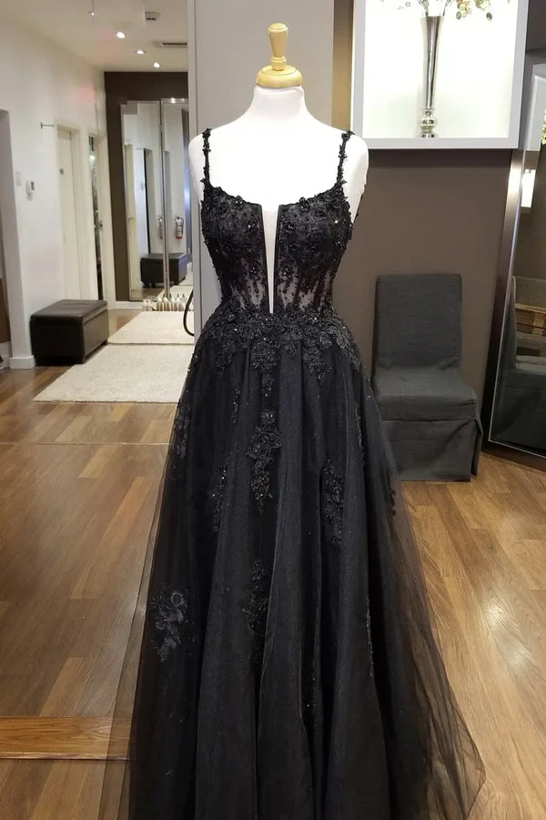 Wholesale Black Tulle Lace Long Prom Dress A-Line Spaghetti Straps Evening Dress