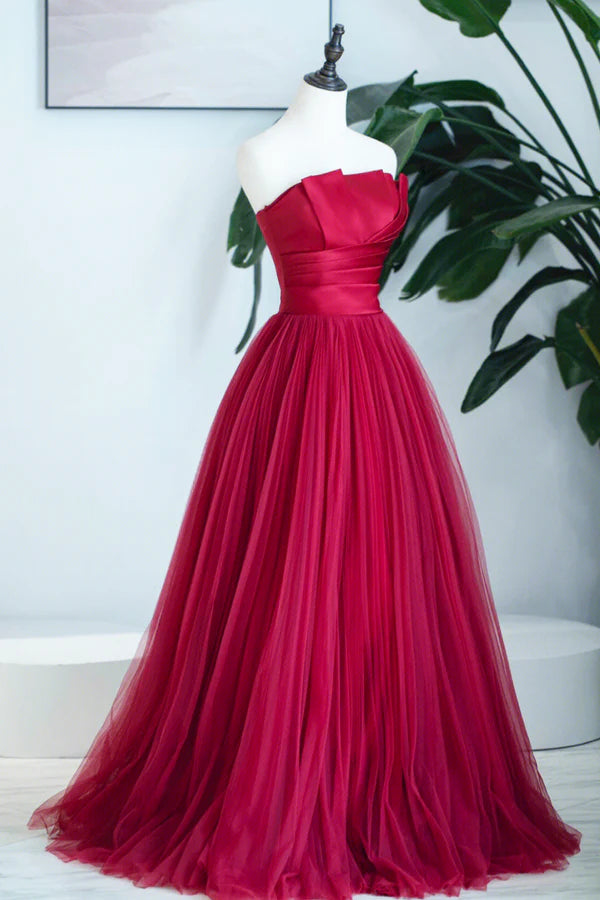 Wholesale Burgundy Satin Tulle Long Prom Dress A-Line Strapless Evening Dress