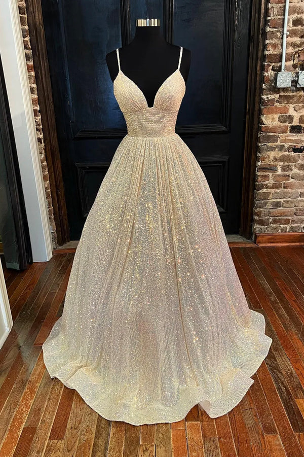 Wholesale Champagne Sequins Long A-Line Prom Dress Shiny V-Neck Spaghetti Straps Party Dress
