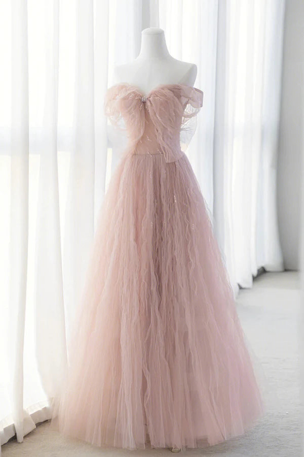 Wholesale Pink Tulle Long A-Line Prom Dresses Pink Evening Dresses with Bow