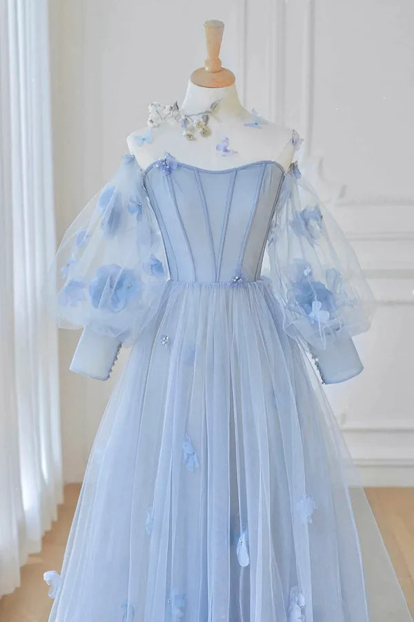 Wholesale Blue Tulle Flowers Long Prom Dress Lovely A-Line Puff Sleeve Evening Dress
