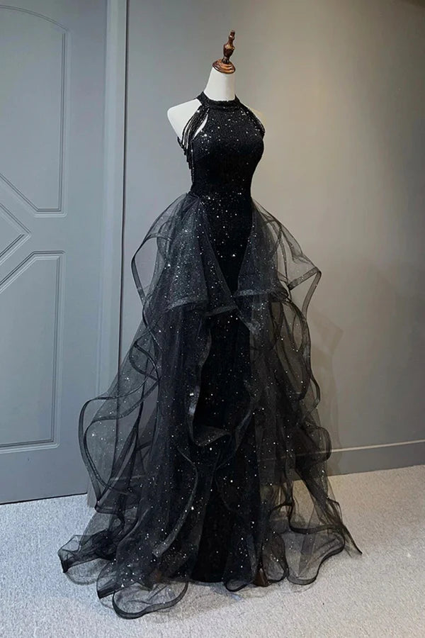 Wholesale Black Shiny Tulle Long Party Dress with Beaded Black Evening Dress