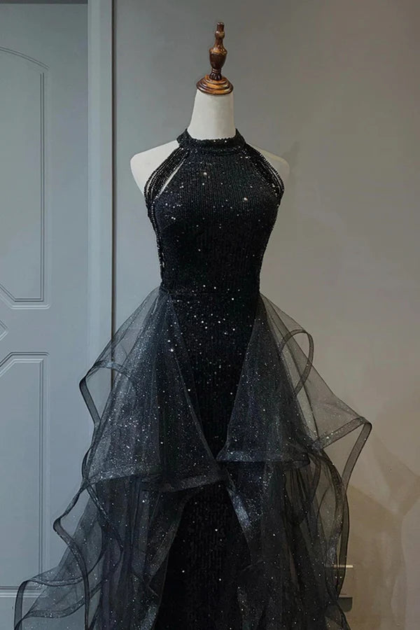 Wholesale Black Shiny Tulle Long Party Dress with Beaded Black Evening Dress
