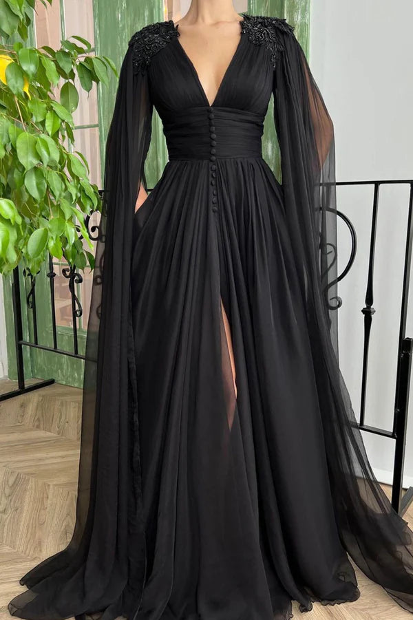 Wholesale Black V-Neck Chiffon Long Prom Dress Black Evening Dress with Slit