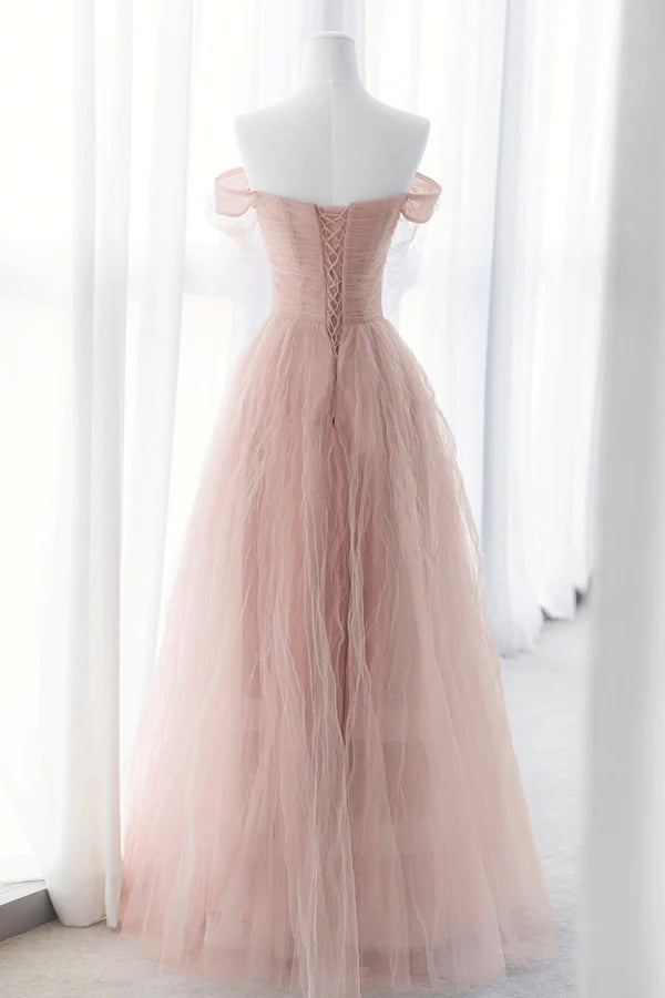Wholesale Pink Tulle Long A-Line Prom Dresses Pink Evening Dresses with Bow
