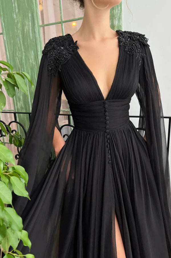 Wholesale Black V-Neck Chiffon Long Prom Dress Black Evening Dress with Slit