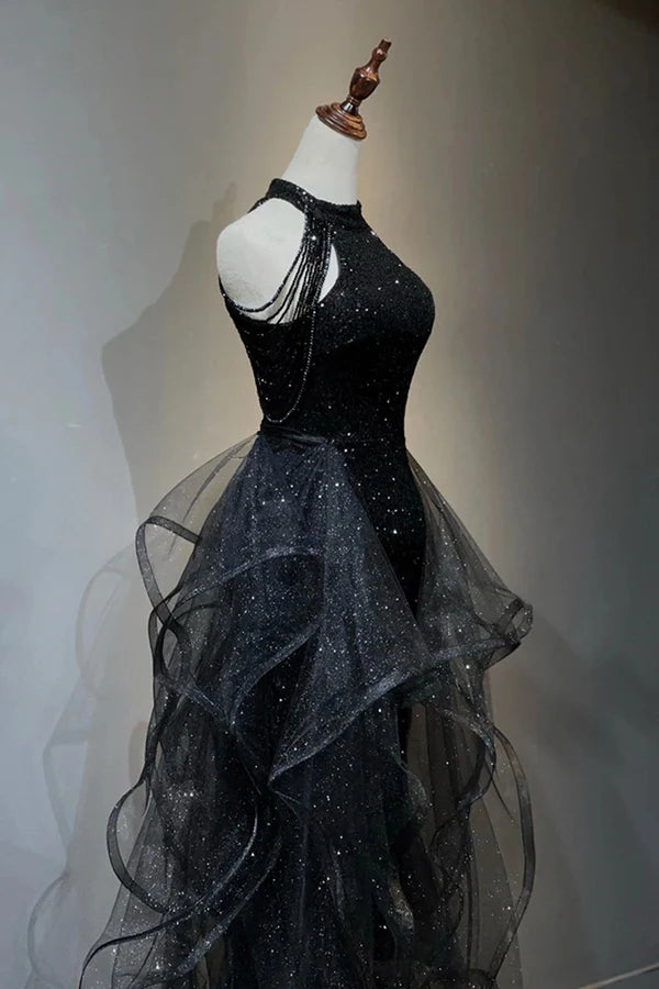 Wholesale Black Shiny Tulle Long Party Dress with Beaded Black Evening Dress