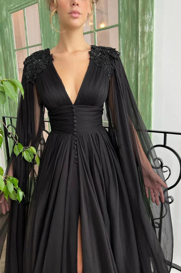 Wholesale Black V-Neck Chiffon Long Prom Dress Black Evening Dress with Slit