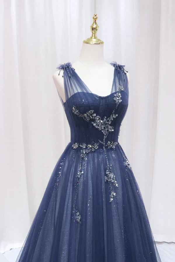 Wholesale Blue Tulle Beaded Long Prom Dress Blue A-Line Evening Party Dress