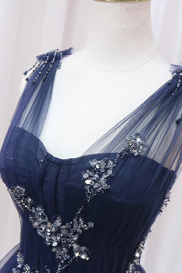 Wholesale Blue Tulle Beaded Long Prom Dress Blue A-Line Evening Party Dress