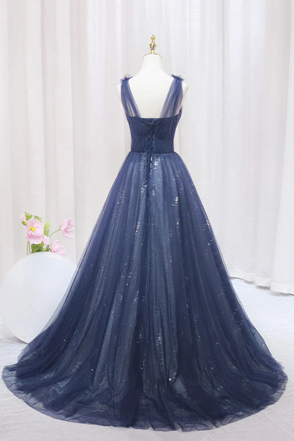 Wholesale Blue Tulle Beaded Long Prom Dress Blue A-Line Evening Party Dress