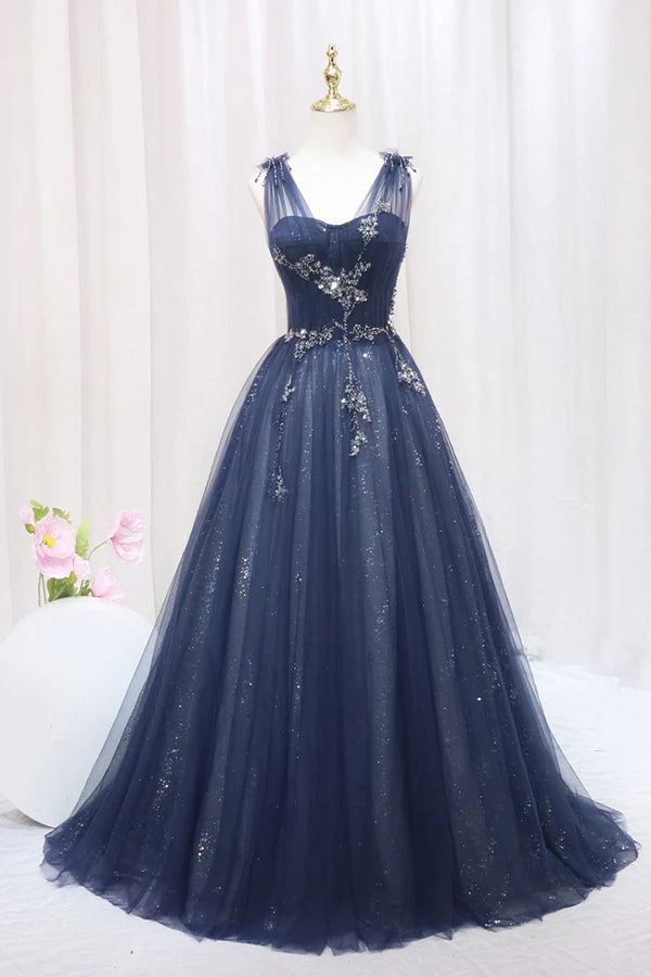 Wholesale Blue Tulle Beaded Long Prom Dress Blue A-Line Evening Party Dress