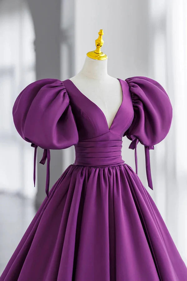 Wholesale Purple V-Neck Satin Long Formal Evening Dress A-Line Puff Sleeve Party Dress