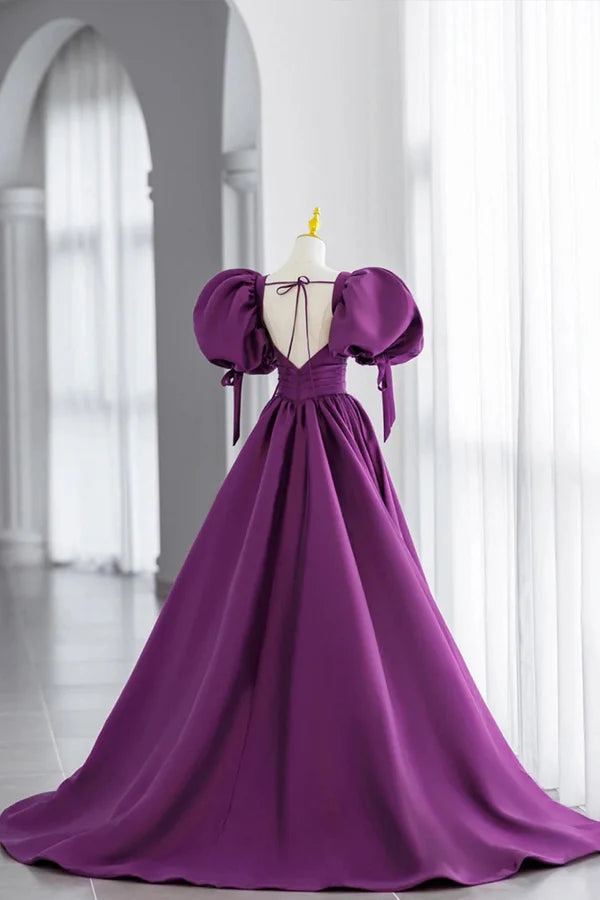 Wholesale Purple V-Neck Satin Long Formal Evening Dress A-Line Puff Sleeve Party Dress
