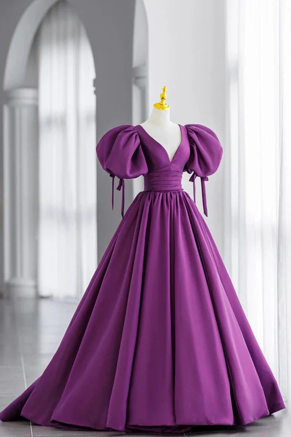 Wholesale Purple V-Neck Satin Long Formal Evening Dress A-Line Puff Sleeve Party Dress