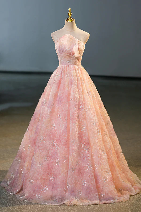 Wholesale Pink Flower Long Princess Dress Pink Strapless Formal Evening Dress